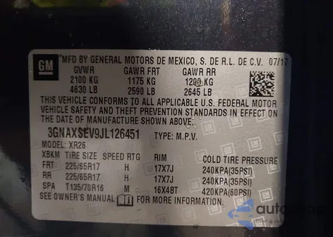 2018 Chevrolet Equinox Lt z USA, uszkodzony, nr VIN 3GNAXSEV9JL126451